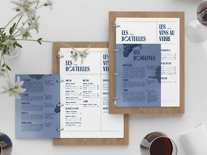 Cartes des vins de l’Hôtel Outa présentées sur planches en bois, design éditorial bleu et blanc avec typographie élégante et rubriques par domaines viticoles.