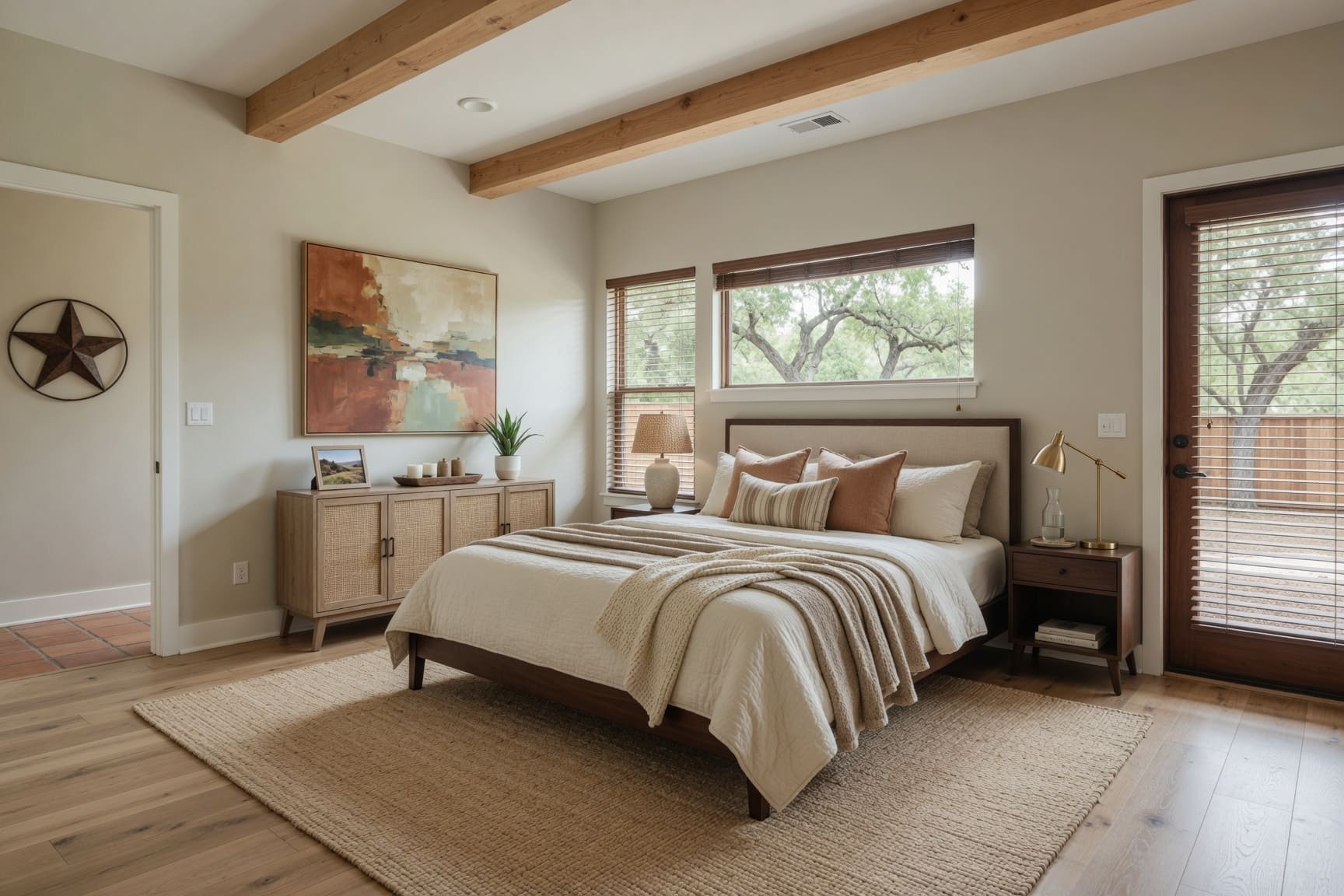 Primary bedroom with wood beam ceiling and garden views