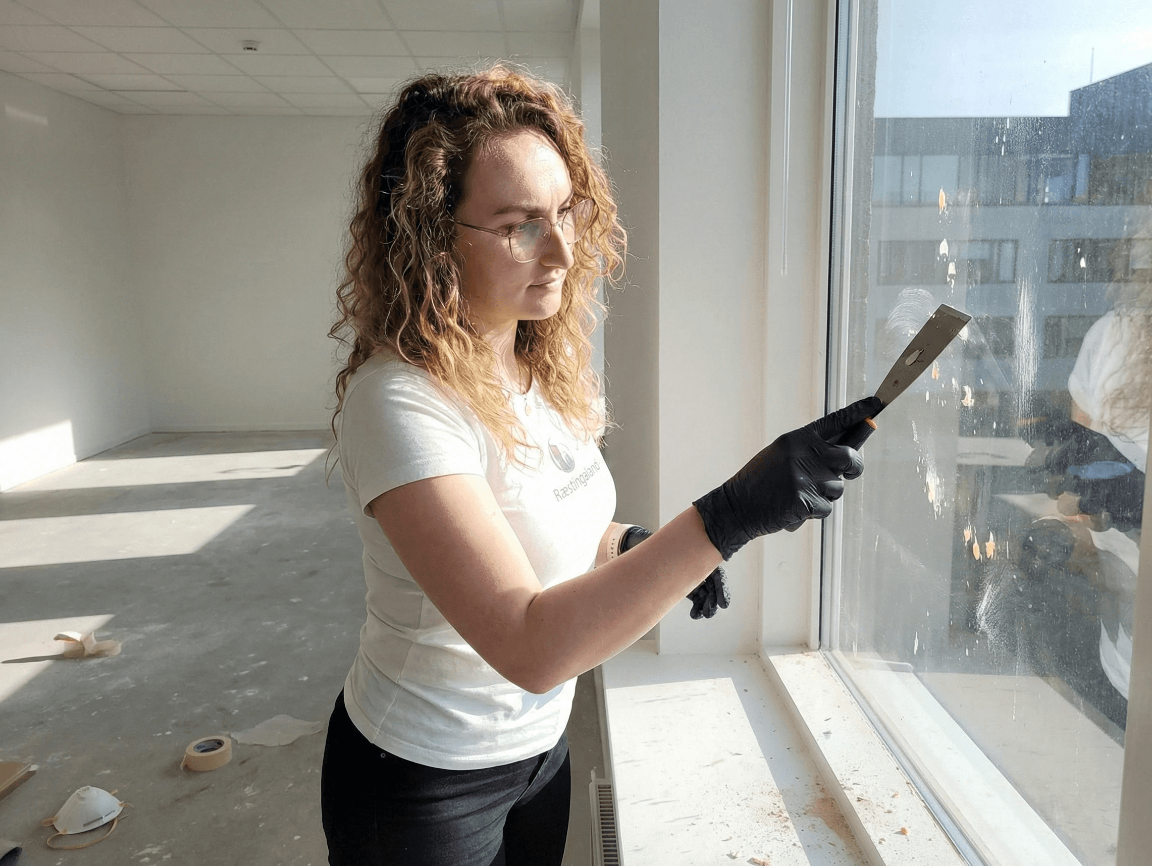 Fjarlæging á málningu af glugga með sköfu eftir framkvæmdir.