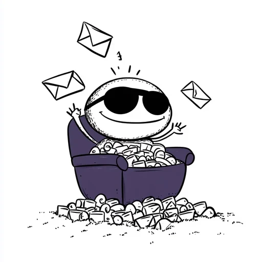 A cartoon robot sitting on a pile of money, surrounded by envelopes and currency, symbolizing financial growth or success
