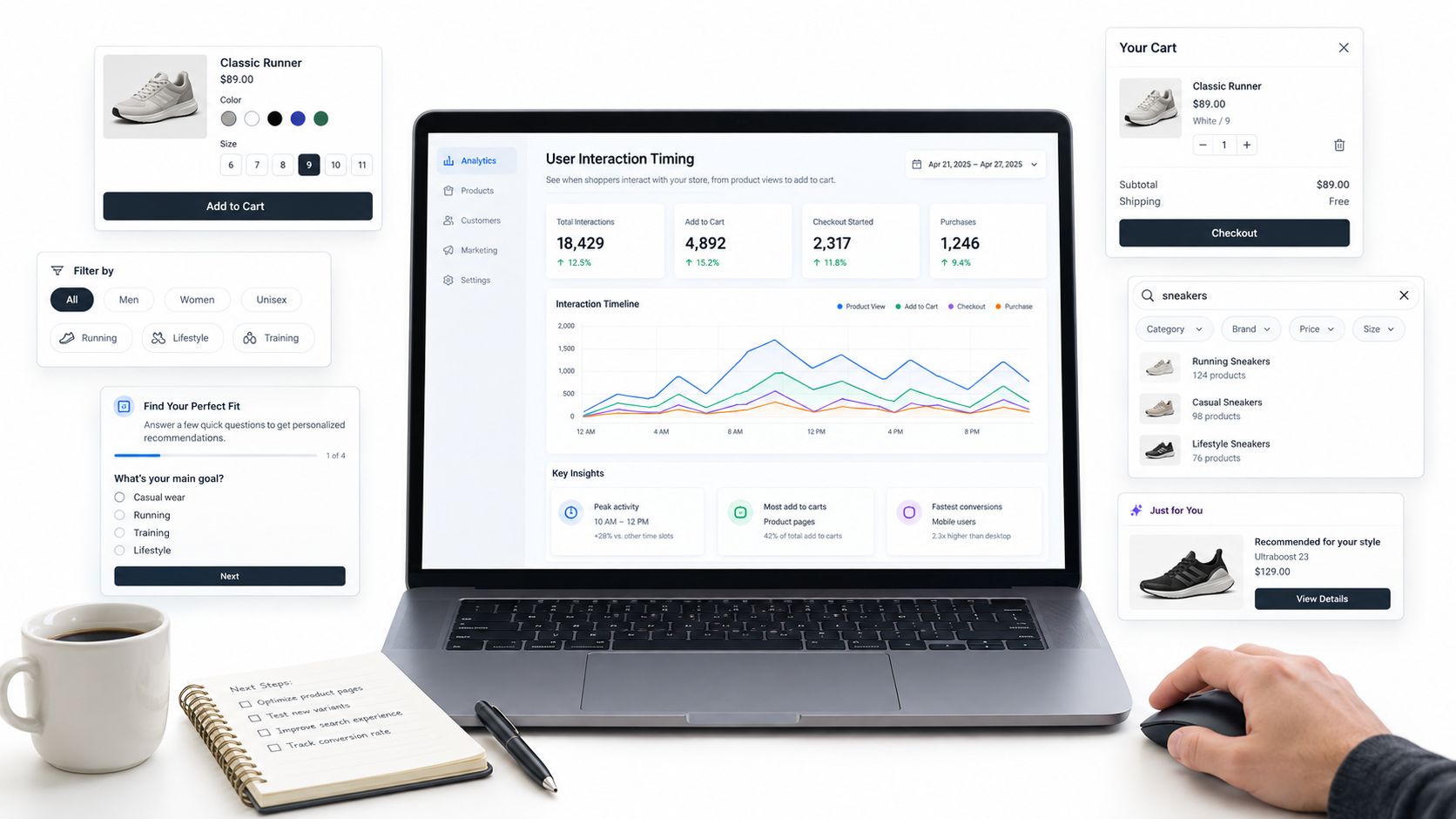 A modern laptop displaying analytics dashboard with various e-commerce user interface elements arranged on a white desk.