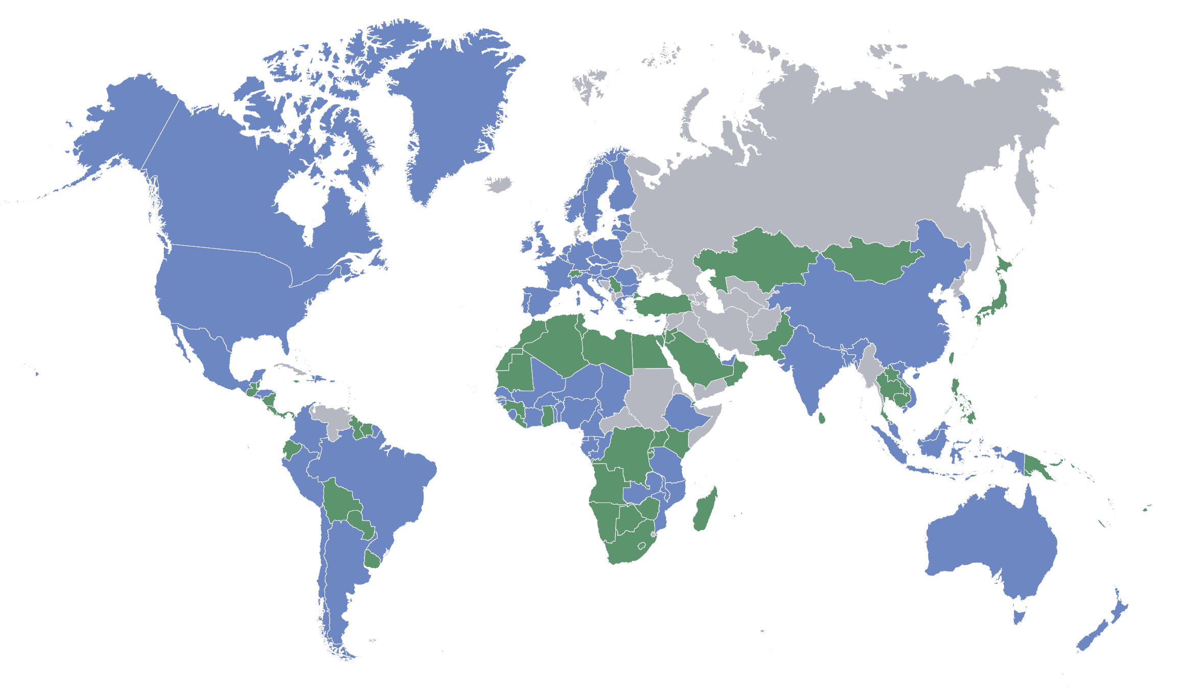 A map showing countries are covered by SwissFx currencies. The majority of the map is coloured, showing that most countries are served