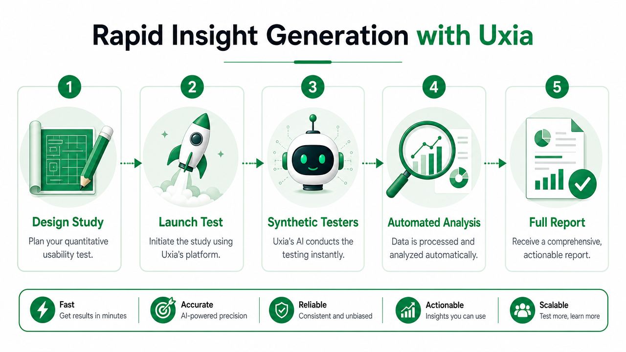 A five-step infographic showing the rapid insight generation process for quantitative usability testing using Uxia AI platform.