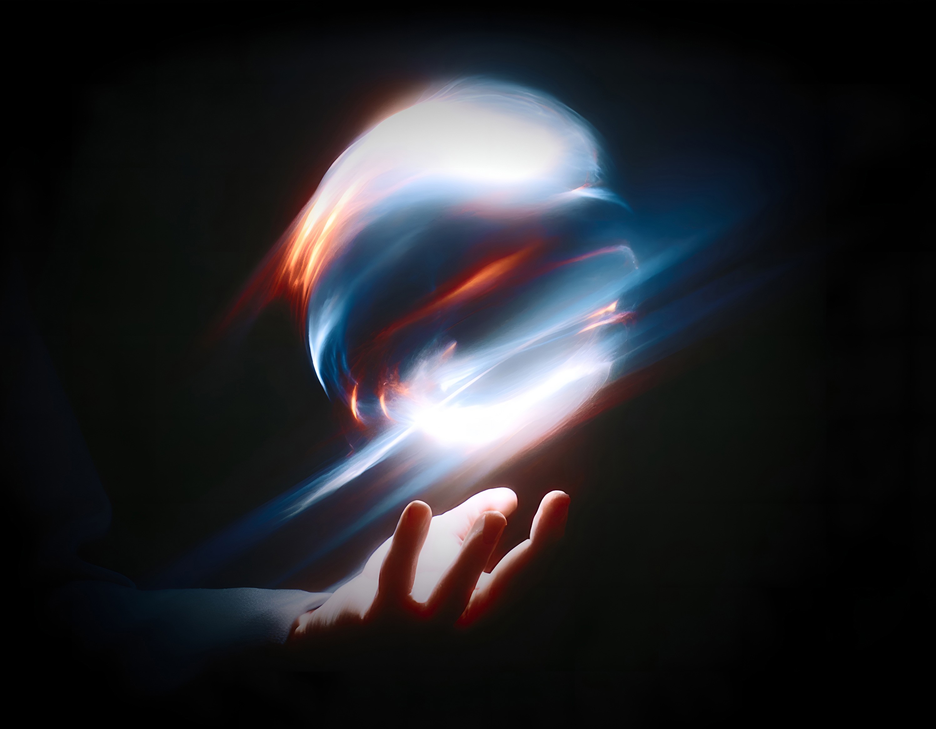 Abstract glowing orb of blue and orange light floating above an outstretched hand against a dark background.