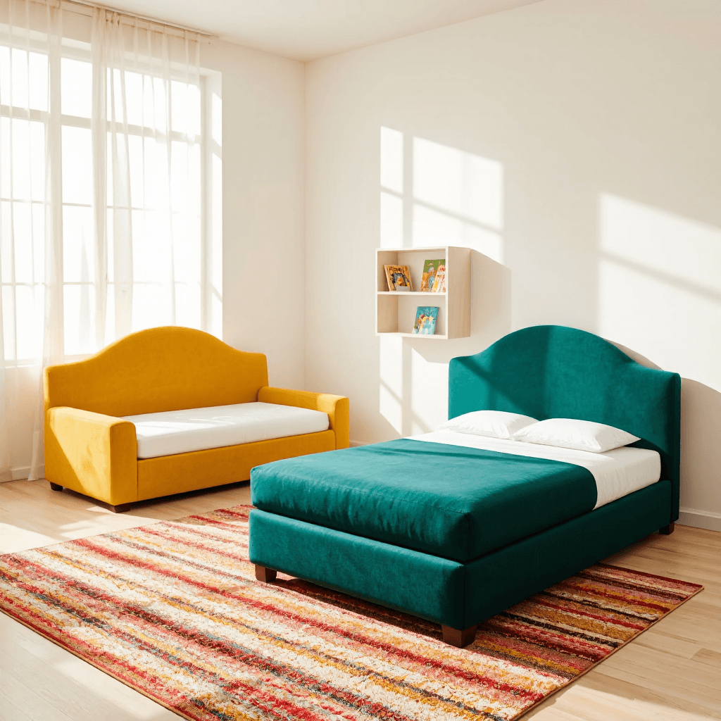 product photography of a pair of upholstered beds with rounded headboards, suitable for bedrooms