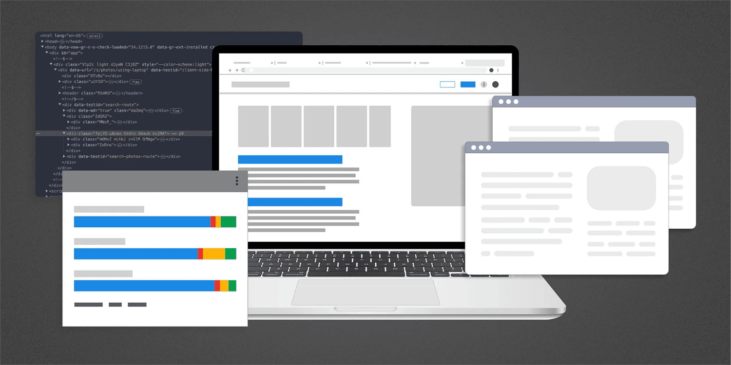 A graphic with several computer windows and screens open