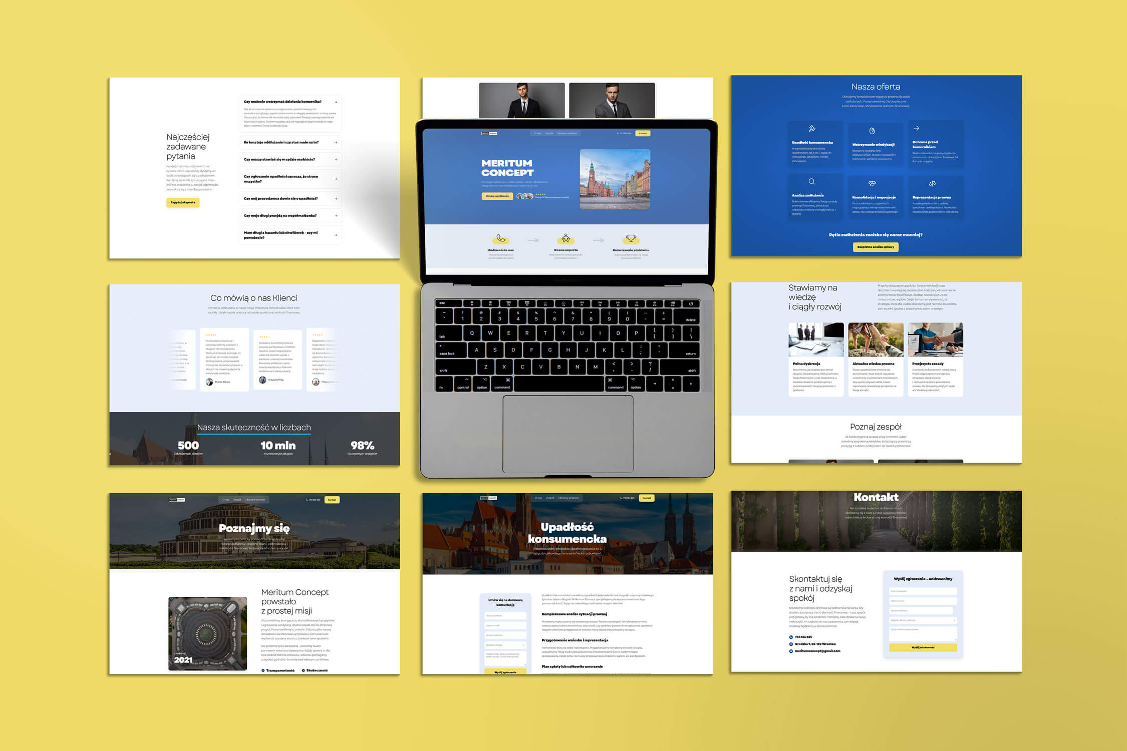 Kompozycja z laptopem i widokami wielu podstron serwisu ilustrująca szczegółowy proces prototypowania stron. Kompleksowy projekt web design łączący użyteczność z nowoczesnymi rozwiązaniami no code.