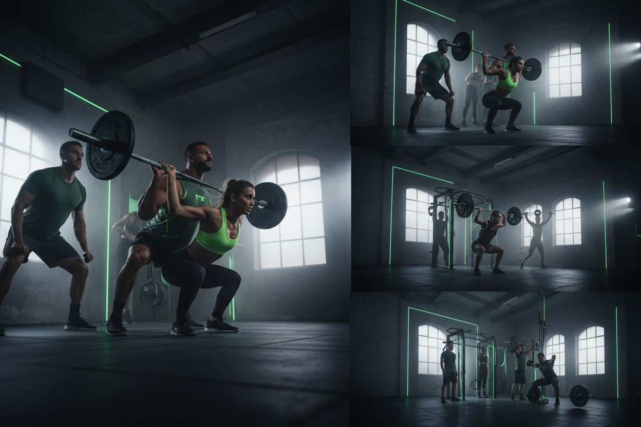 People training in a gym performing compound lifts