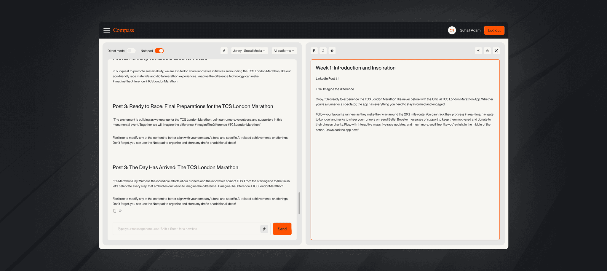 Compass AI platform interface displaying social content drafts and scheduling tools.