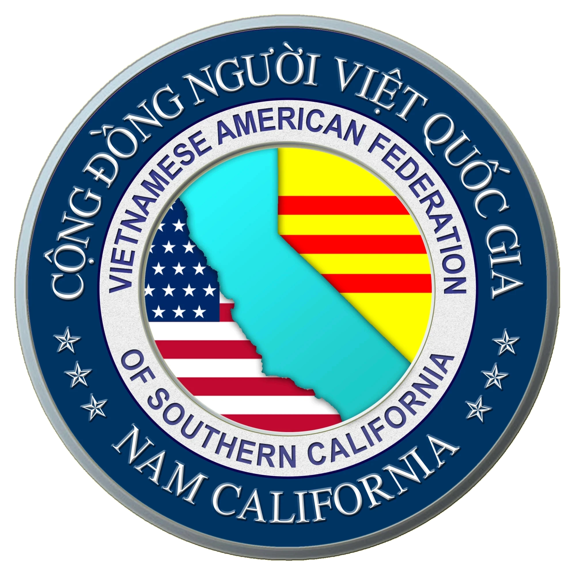 Huy hiệu của Cộng Đồng Người Việt Quốc Gia Nam California (Vietnamese American Federation of Southern California): hình bản đồ California lồng cờ Hoa Kỳ và lá cờ vàng ba sọc đỏ, bao quanh là tên của tổ chức bằng tiếng Việt và tiếng Anh