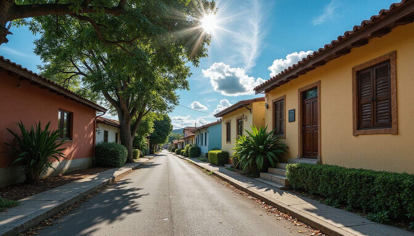 A serene tree-lined street in Rio de Janeiro features colorful houses and lush greenery, evoking a sense of tranquility.