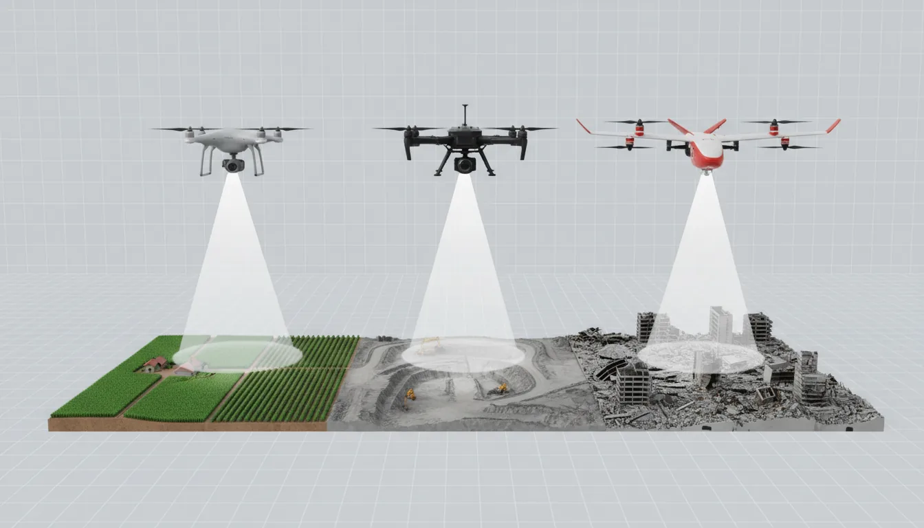 Conceptual infographic illustrating aerial photogrammetry, 3D render with a clean studio aesthetic. Three drones float in a horizontal line against a light grey background overlaid with a subtle white wireframe grid. From left to right: a white consumer quadcopter, a black industrial multi-rotor drone, and a red-and-white fixed-wing VTOL drone. Each drone projects a bright white cone of light downwards, scanning a floating slice of terrain below. The terrain is a single, continuous 3D model comprised of three distinct, highly-detailed sections: a vibrant green agricultural field, a grey sand quarry, and a desaturated urban disaster zone with building rubble. Soft global illumination, sharp focus, professional tech graphic.