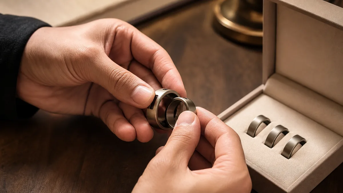 Hands fitting a solid inner ring into a smart tasbih outer ring at home
