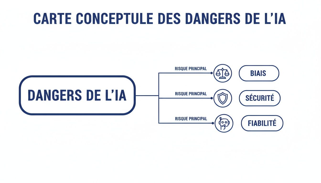 Carte conceptuelle des dangers de l'IA, détaillant les risques principaux : biais, sécurité et fiabilité.