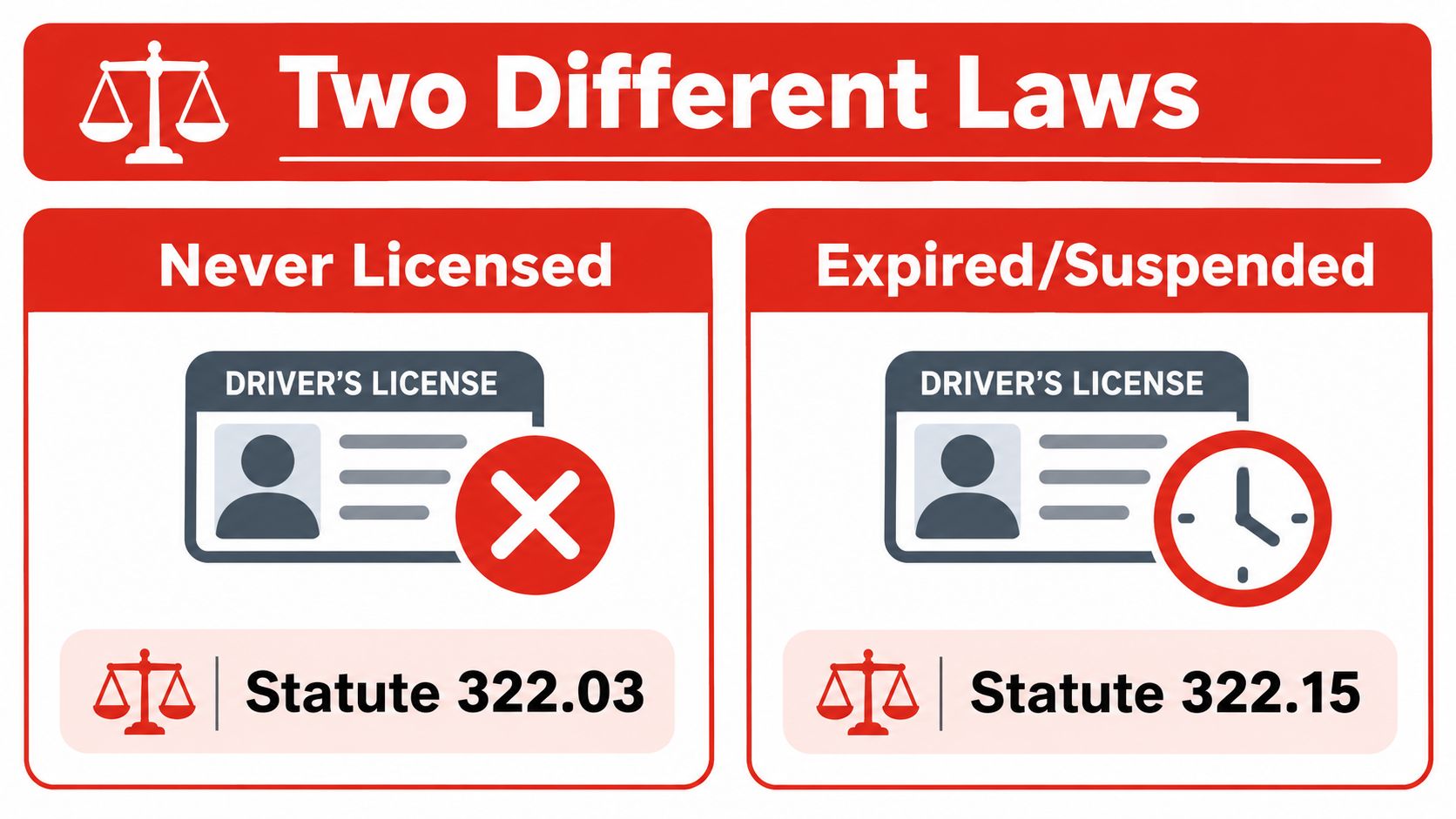 An infographic showing two Florida statutes regarding driving without a valid license, Never Licensed versus Expired Suspended.