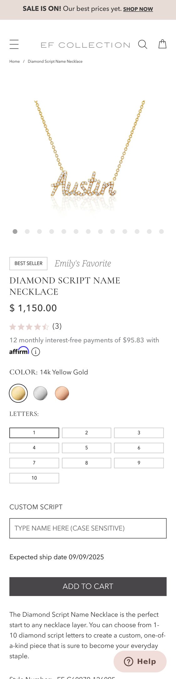 Jewelry product options include: necklace for Diamond Script Name Necklace from EF Collection®.