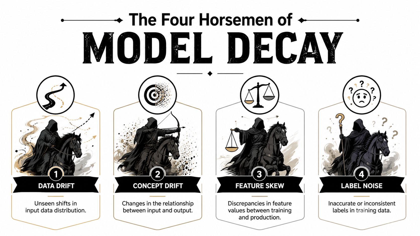 An infographic titled The Four Horsemen of Model Decay displaying four causes of machine learning model deterioration.