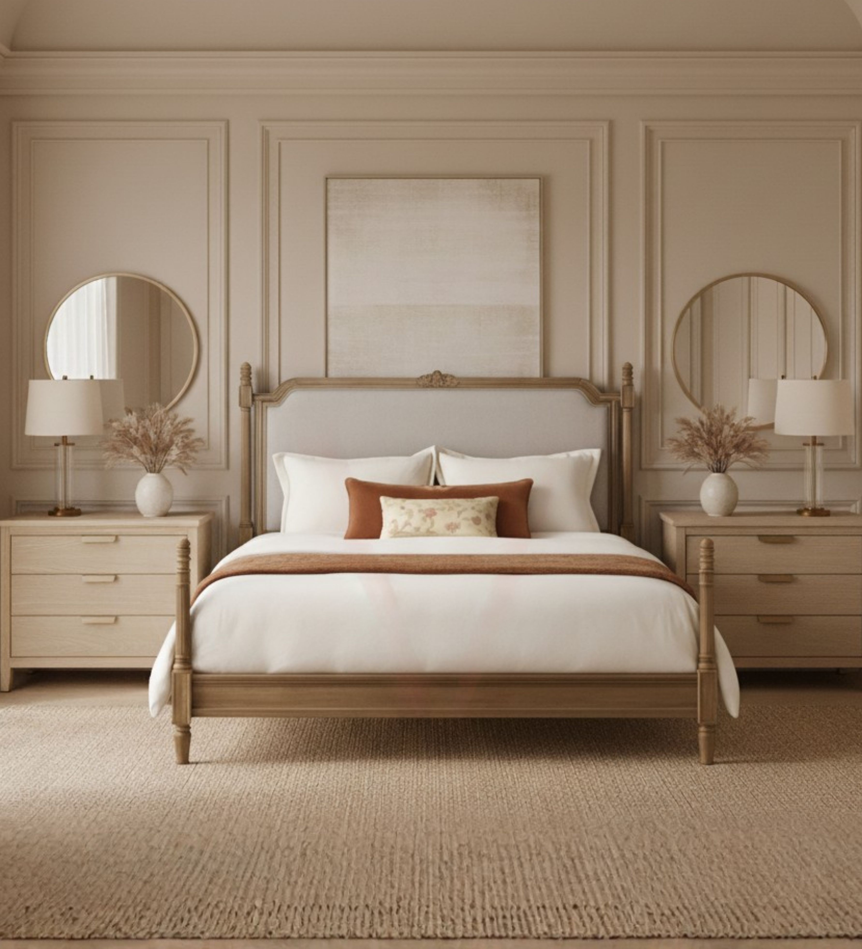 Upholstered bed with framed headboard, slim profile, and tailored edge detailing