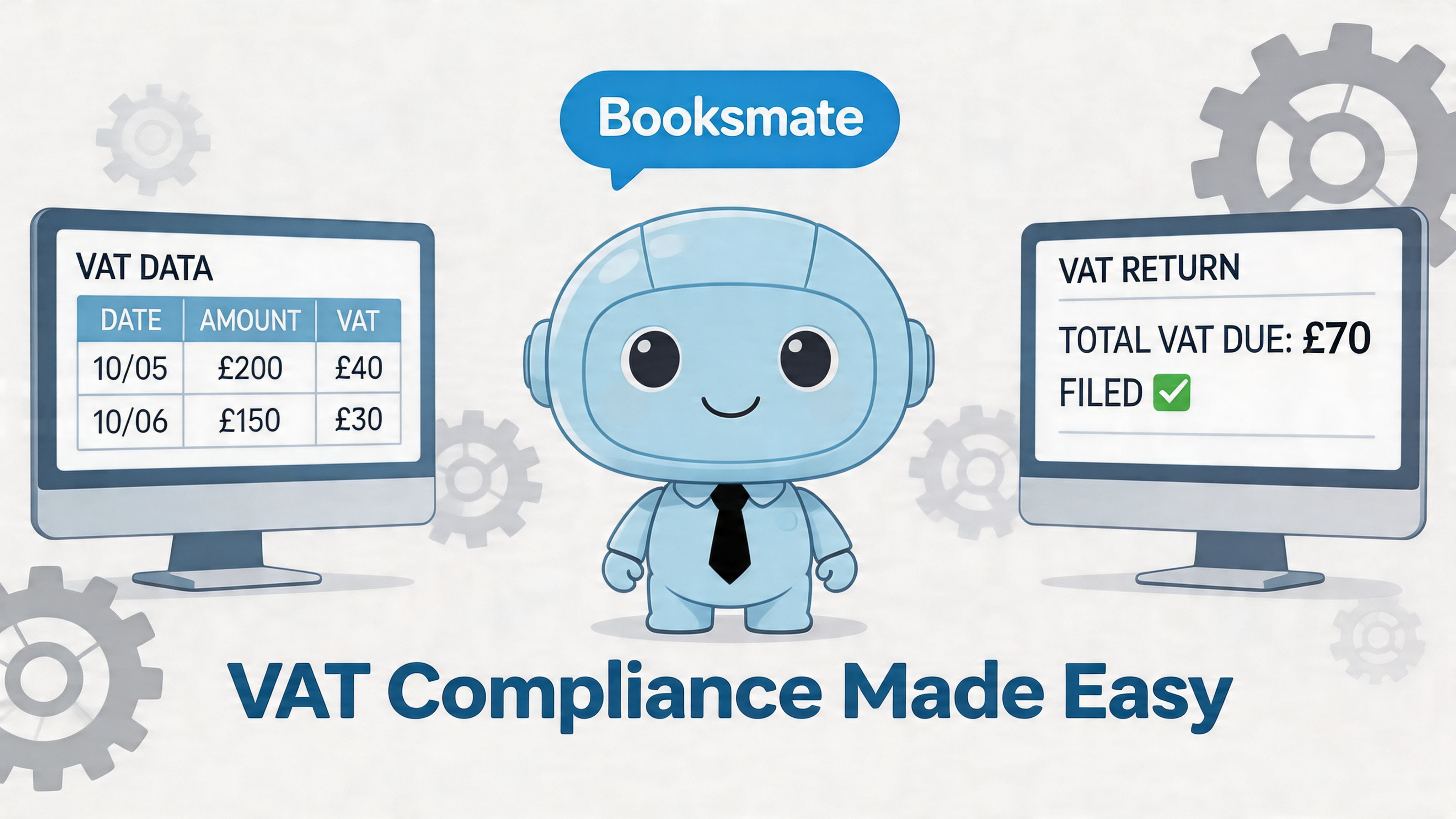A cute cartoon robot character representing the Booksmate accounting software for automated VAT compliance and tax filing.