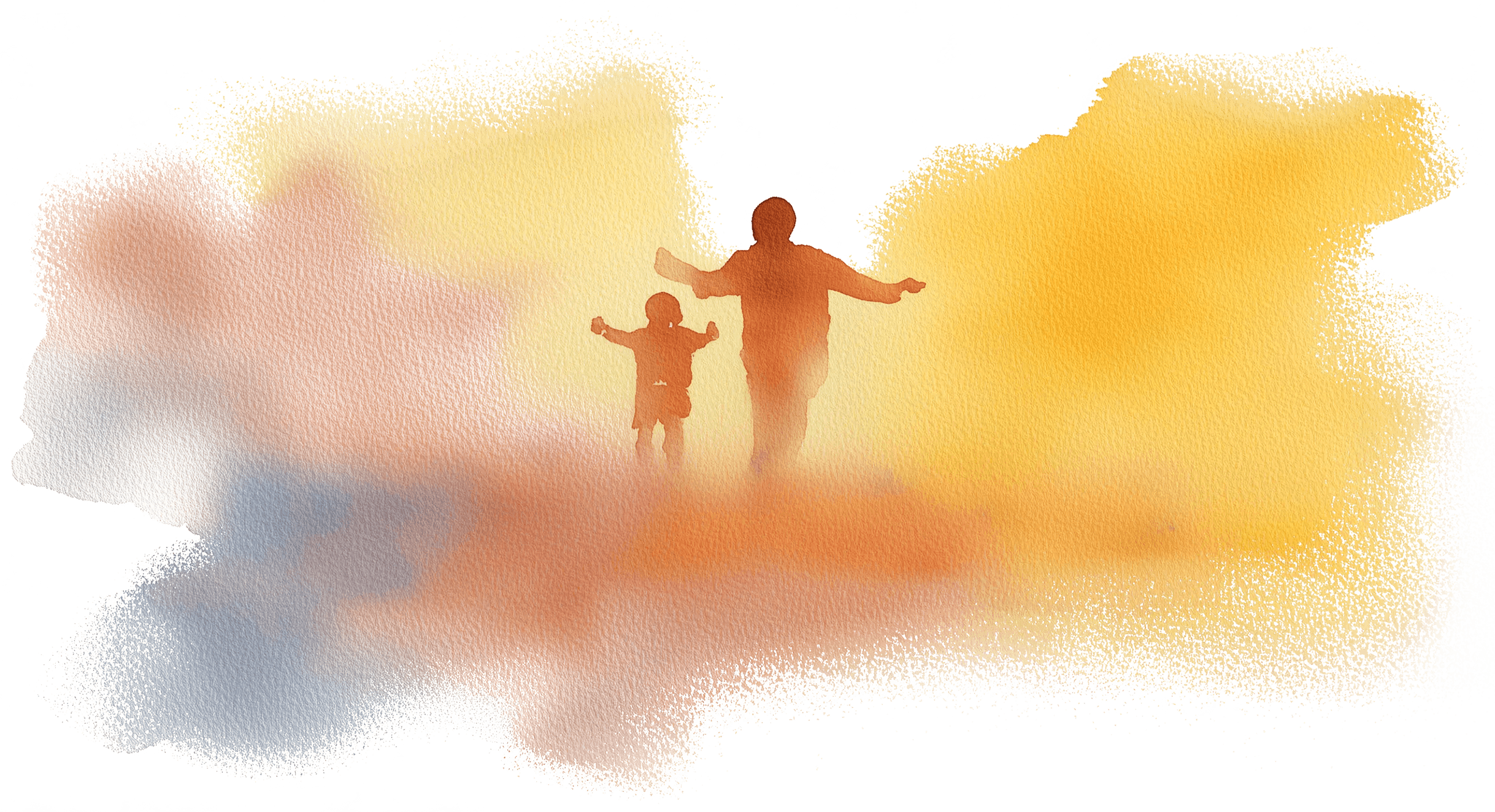 Watercolor illustration of an adult and child running outdoors