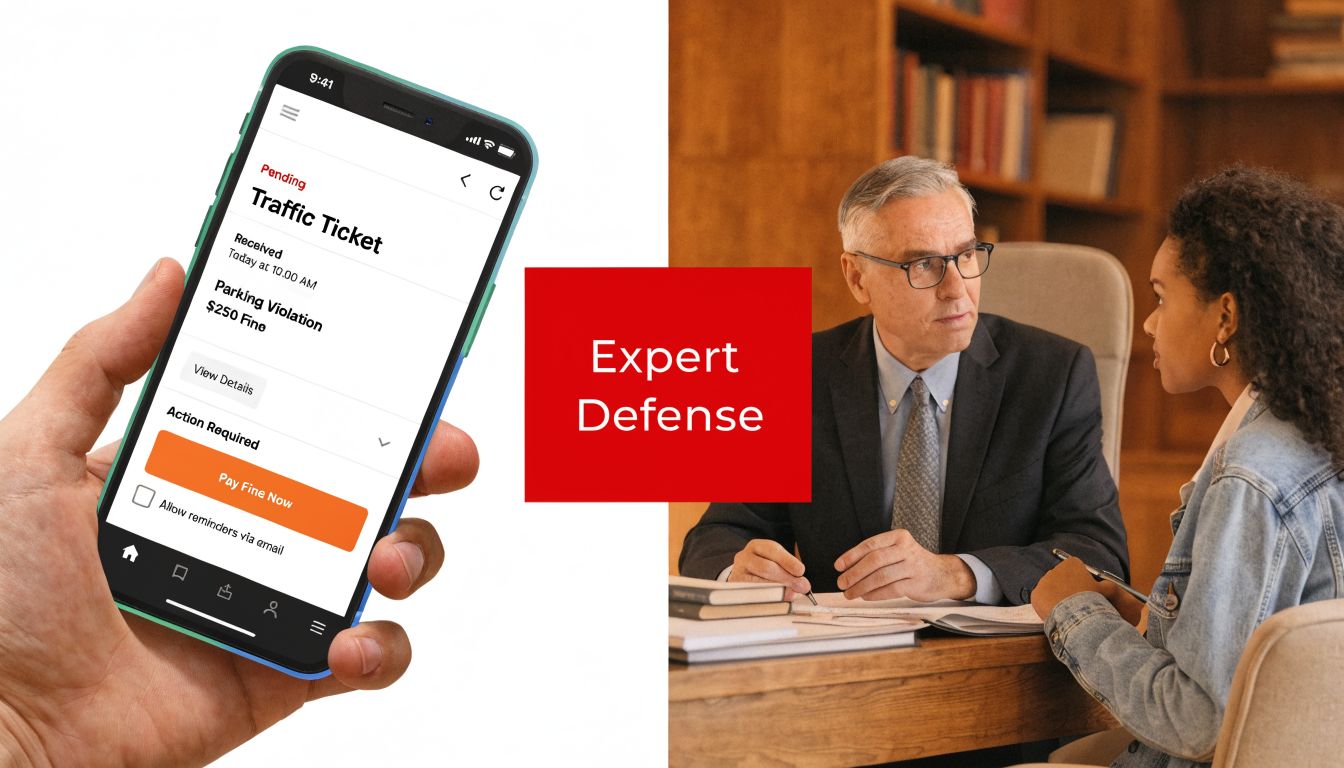 A hand holding a smartphone showing a traffic ticket app alongside a lawyer consulting with a client.