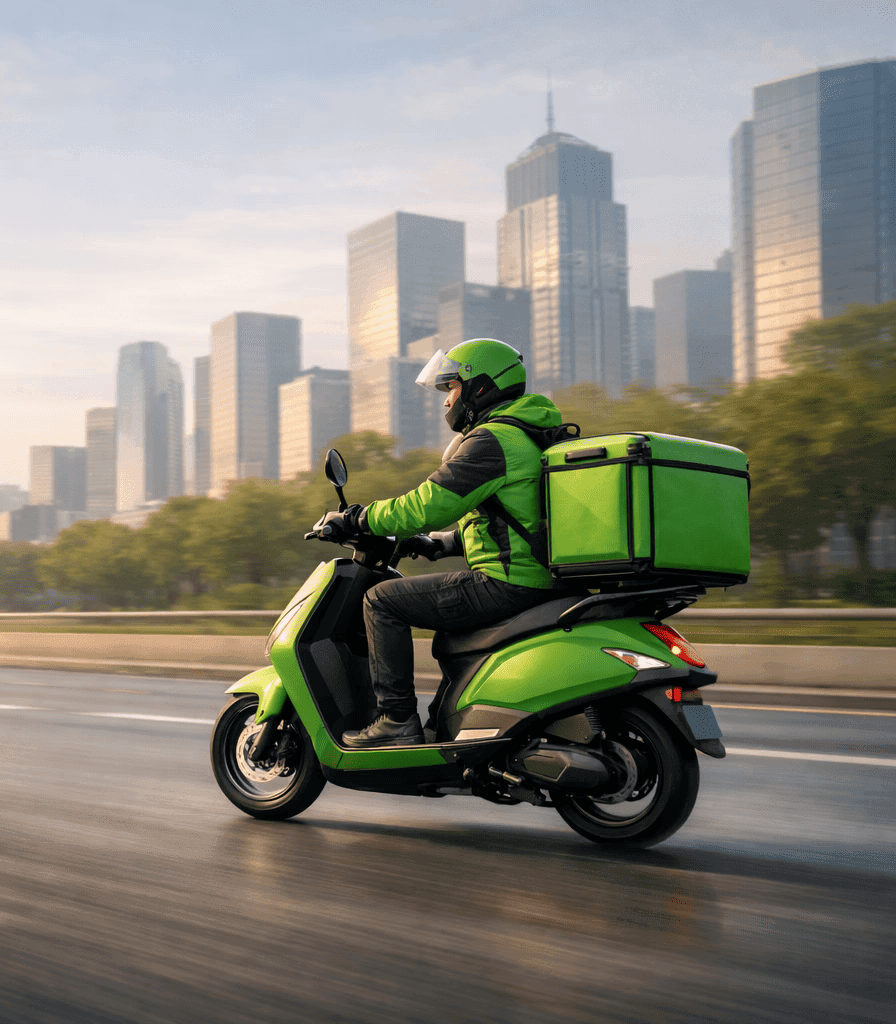 Yuvwaa Green electric delivery scooter on city road for sustainable last-mile delivery.