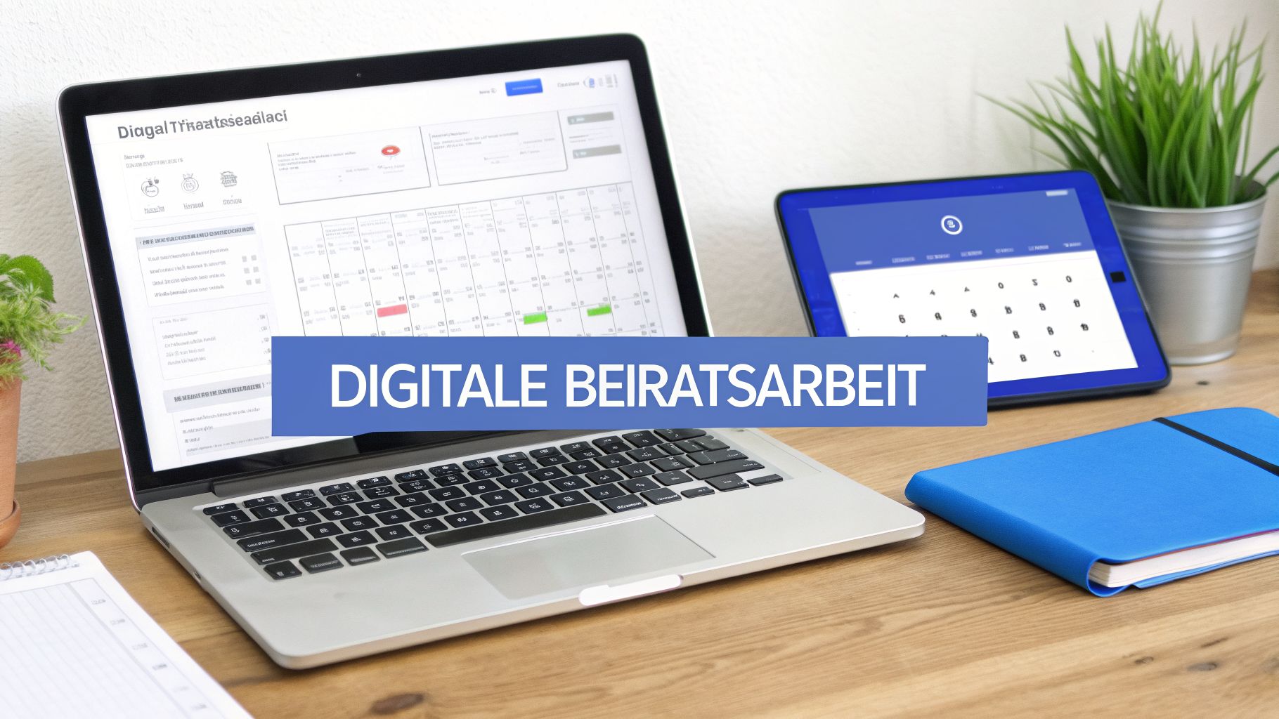 Digitaler Arbeitsplatz mit Laptop und Tablet auf einem Holzschreibtisch, die digitale Beiratsarbeit darstellen.