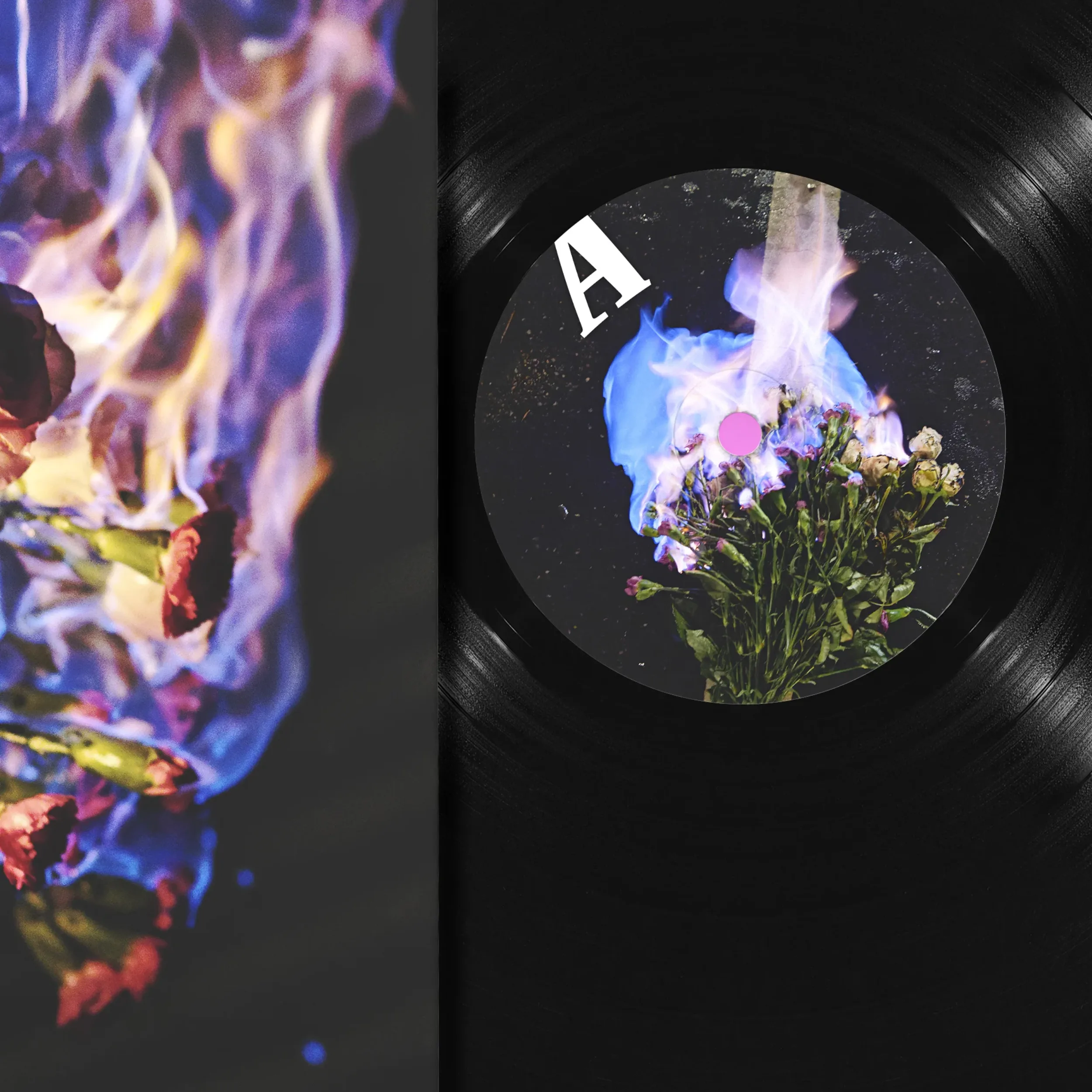 Design de vinyle de musique LP psychédelique mêlant graphisme surréaliste et photographie esthétique