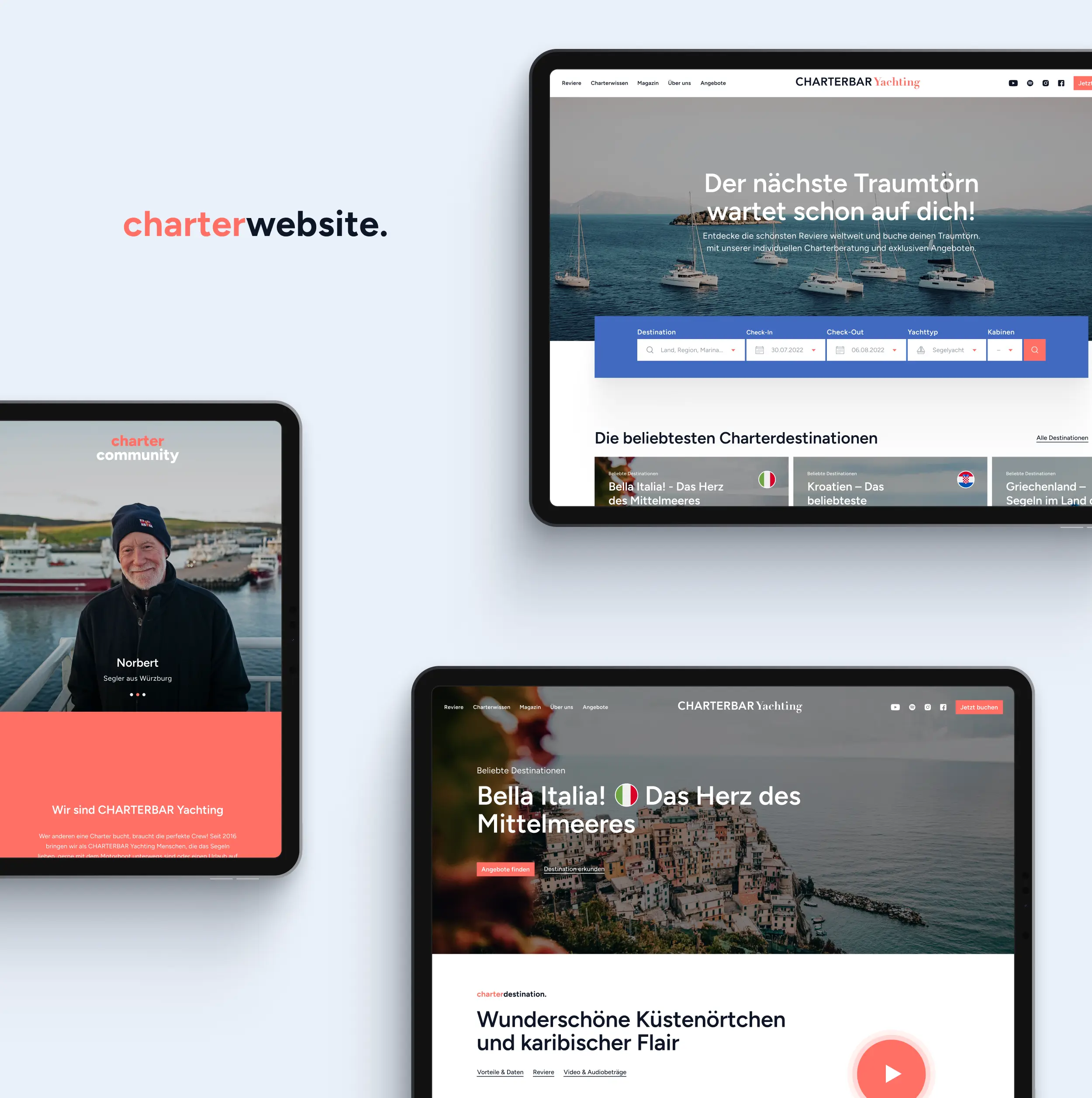 Website-Mockup charterwebsite. mit Startseite „Der nächste Traumtörn wartet schon auf dich!“, Charter-Suche und Destinationen Italien und Kroatien.