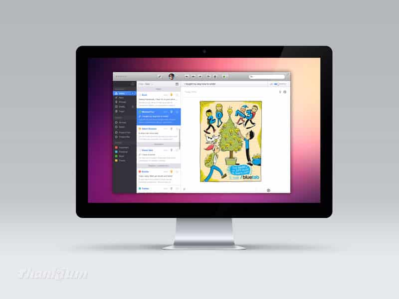 Pantalla de computadora mostrando aplicación de mensajería moderna con interfaz colorida.