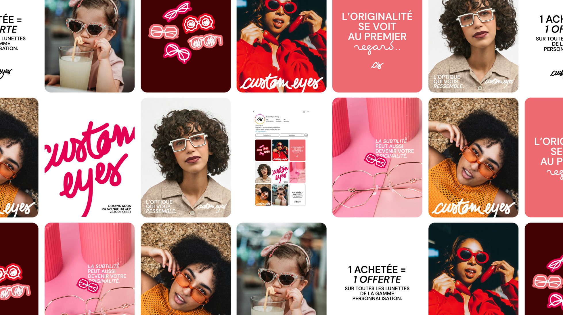 Ensemble de posts pour Instagram, valorisant le branding : photos de mannequins, illustrations, slogans, logos + projection du feed Instagram