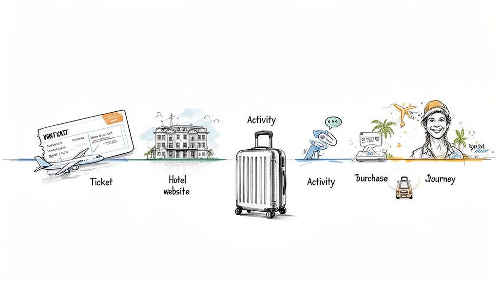 Travel customer journey map showing stages: ticket, hotel, activity, purchase, and happy traveler experience.