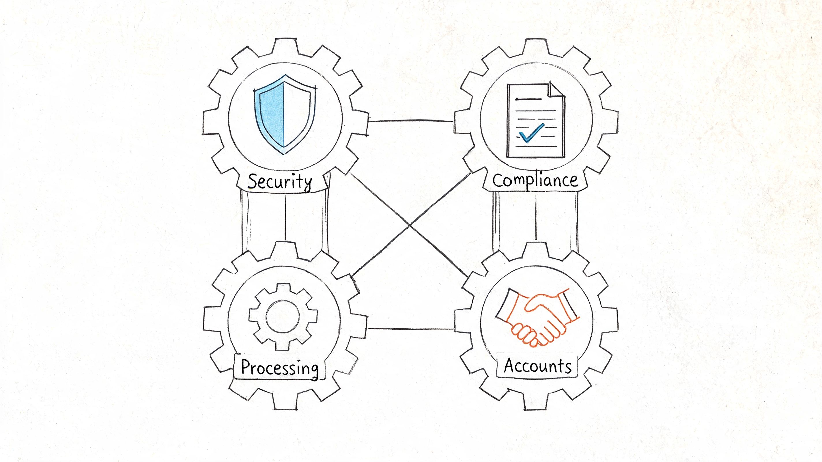 A hand-drawn illustration showing four connected gears labeled Security, Compliance, Processing, and Accounts, symbolizing integrated business operations.