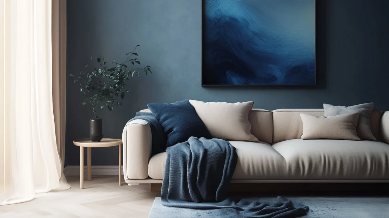 Contemporary living room with a cream sofa, blue throw blanket, abstract wall art, and a potted plant against a blue accen