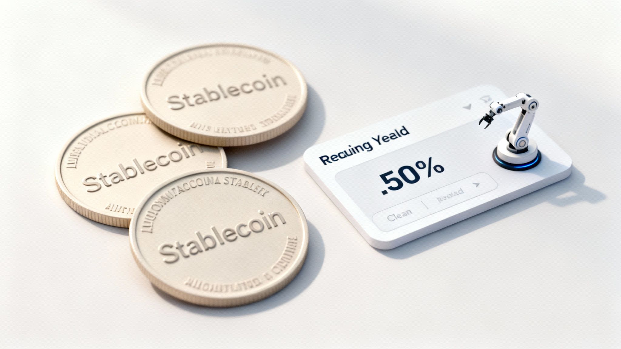 Three stablecoin tokens next to a digital display showing .50% yield with a robot arm.