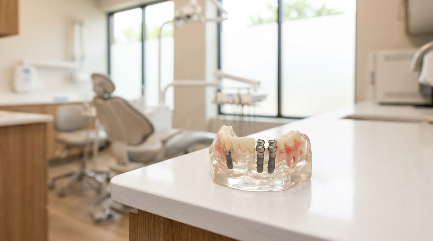 A model showing how a snap-on denture clips onto two dental implants in the lower jaw.