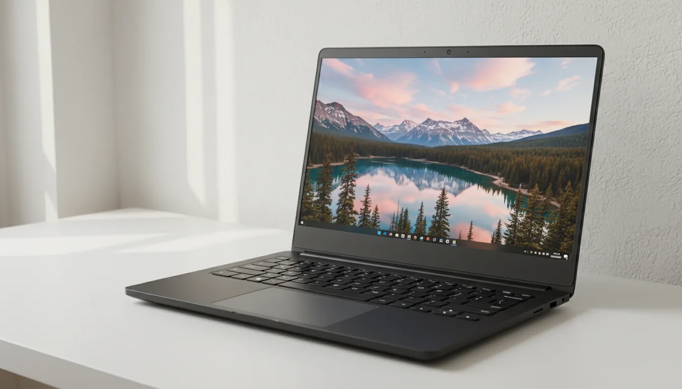 DSLR product photography of a modern, matte black high-performance laptop sitting on a clean white desk from a low three-quarter angle. The laptop screen is on, displaying a vibrant wallpaper of a serene mountain lake with pink-hued snow and a pine forest. The background is a textured, off-white plaster wall, illuminated by soft natural daylight. The entire image is in sharp focus, with a clean and professional aesthetic.