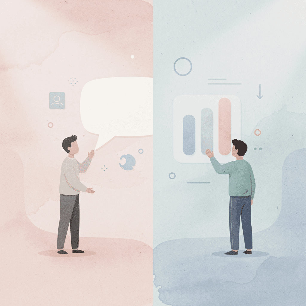 Split scene showing the contrast between memorizing words and struggling to use them in a real conversation