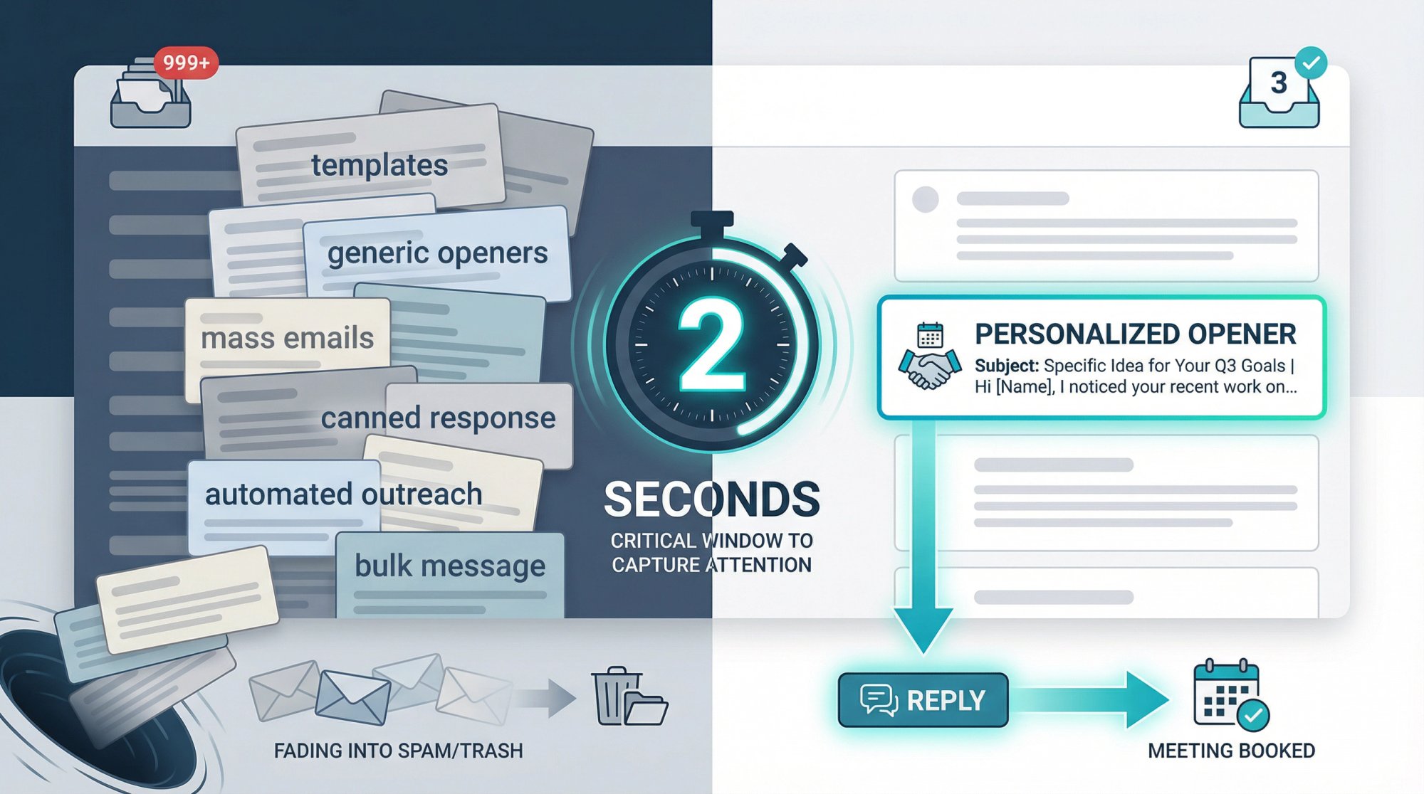 Split-screen illustration showing cluttered inbox with generic templated emails on the left vs. clean inbox with one personalized standout email on the right, highlighting the 2-second window and stakes of cold email first lines