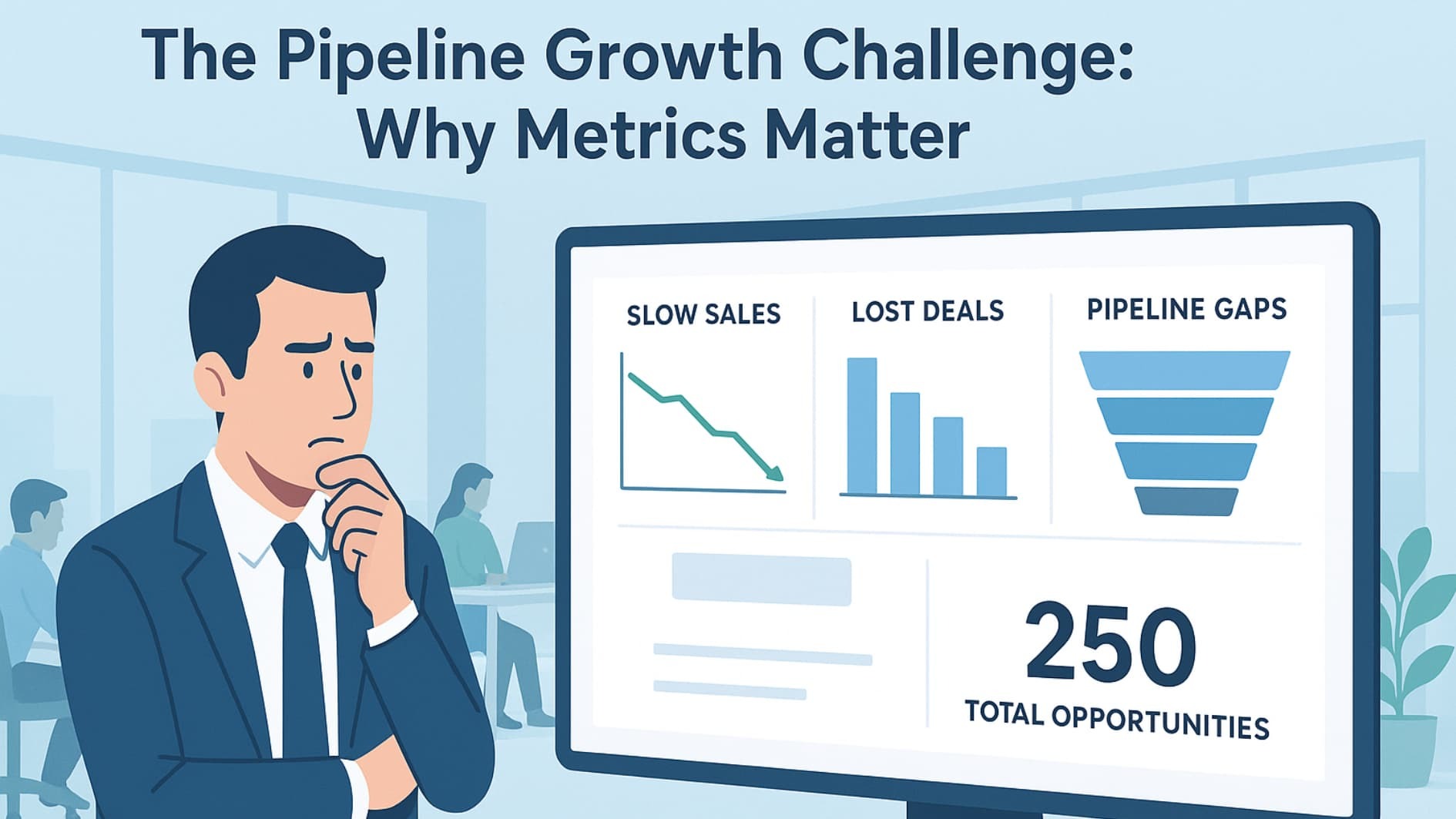 Sales leader examining pipeline dashboard showing key metrics pipeline growth challenges.