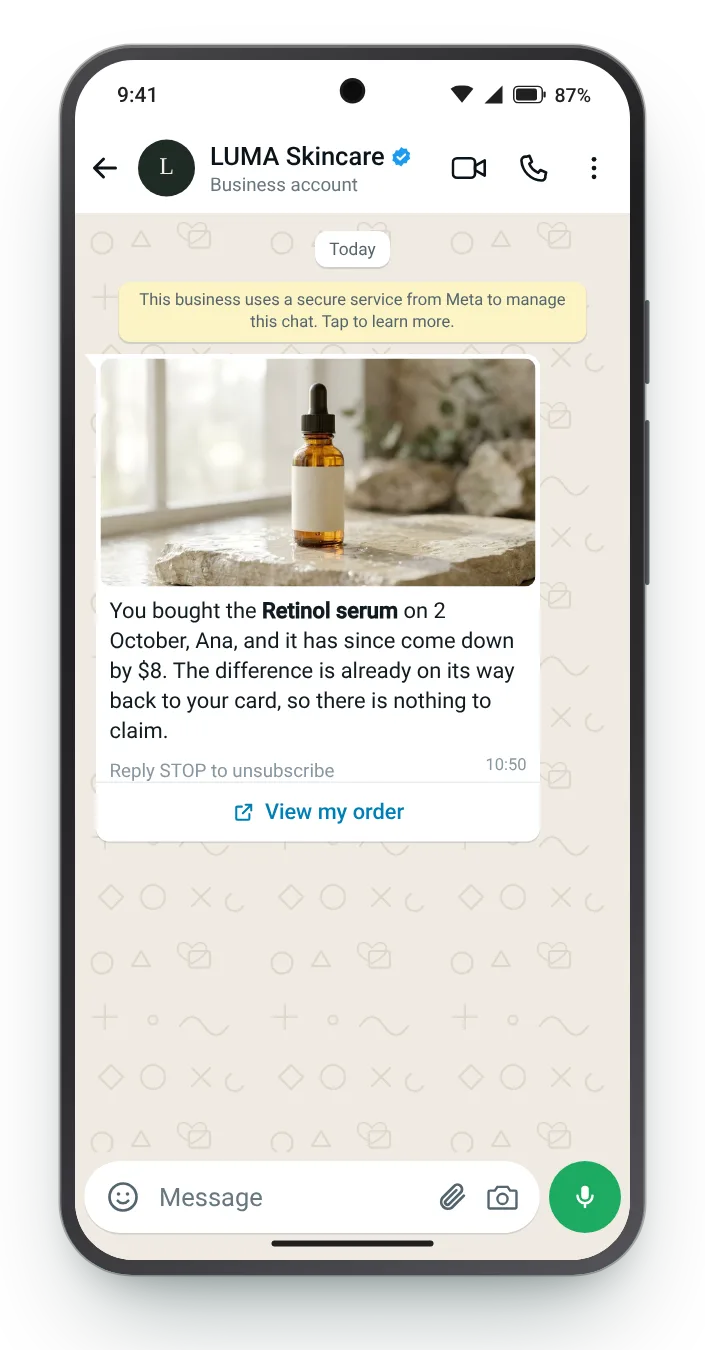 Refunding the difference after purchase: WhatsApp price drop message on an Android phone