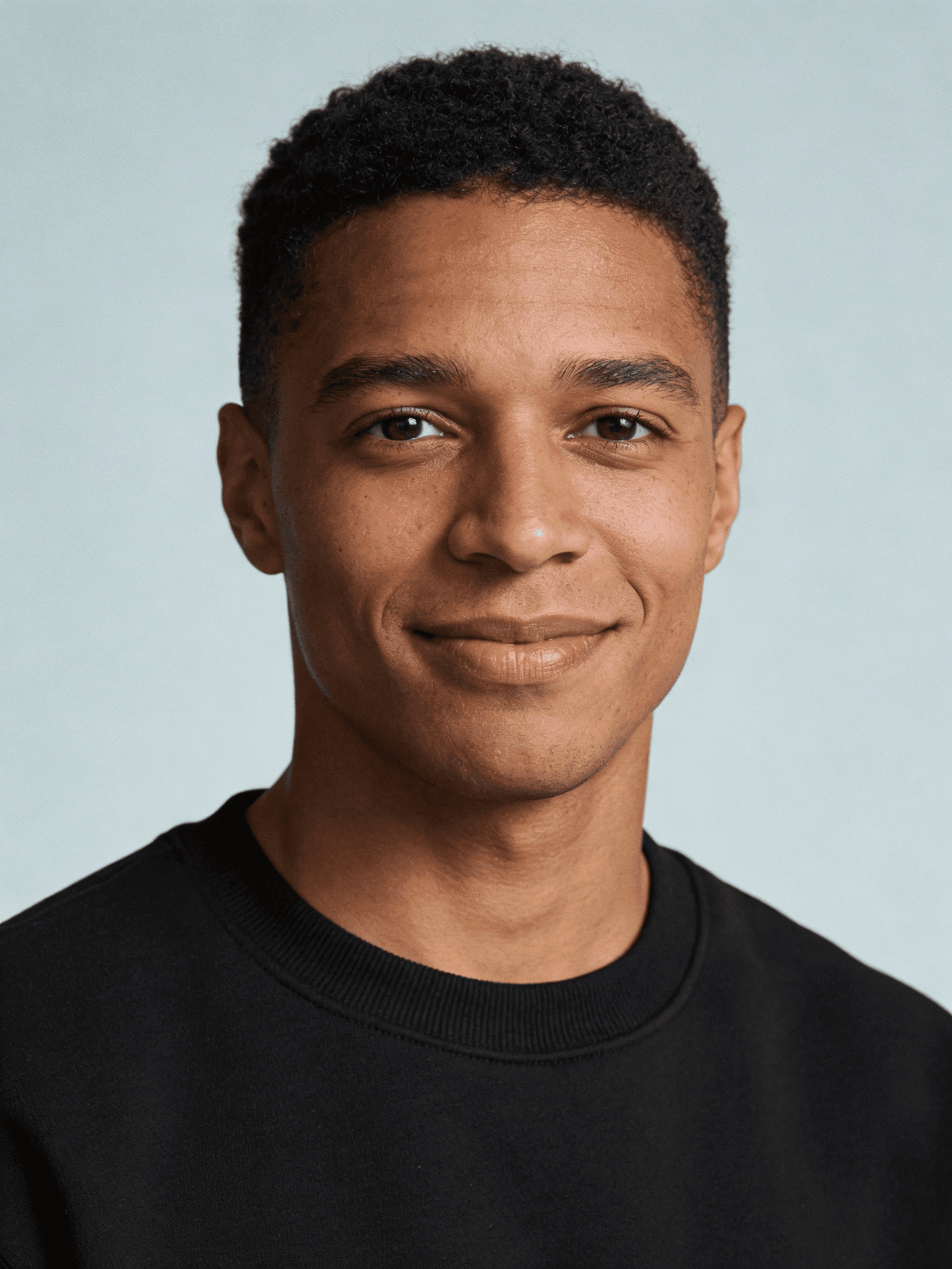 A smiling person with short hair, wearing a black shirt, against a light background.