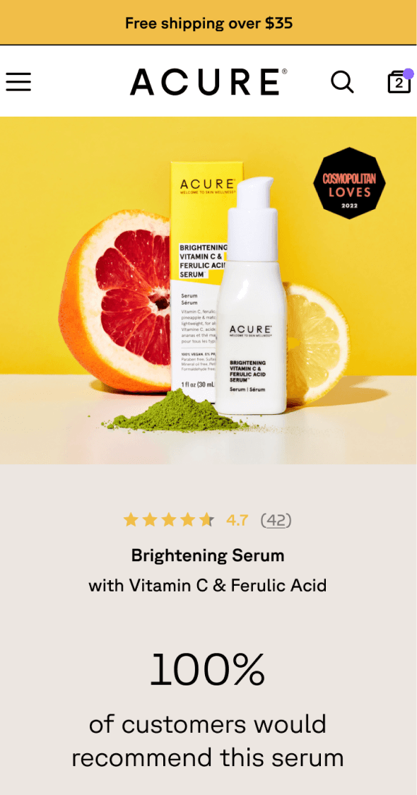 Mobile product page with ratings, imagery and conversion-focused layout