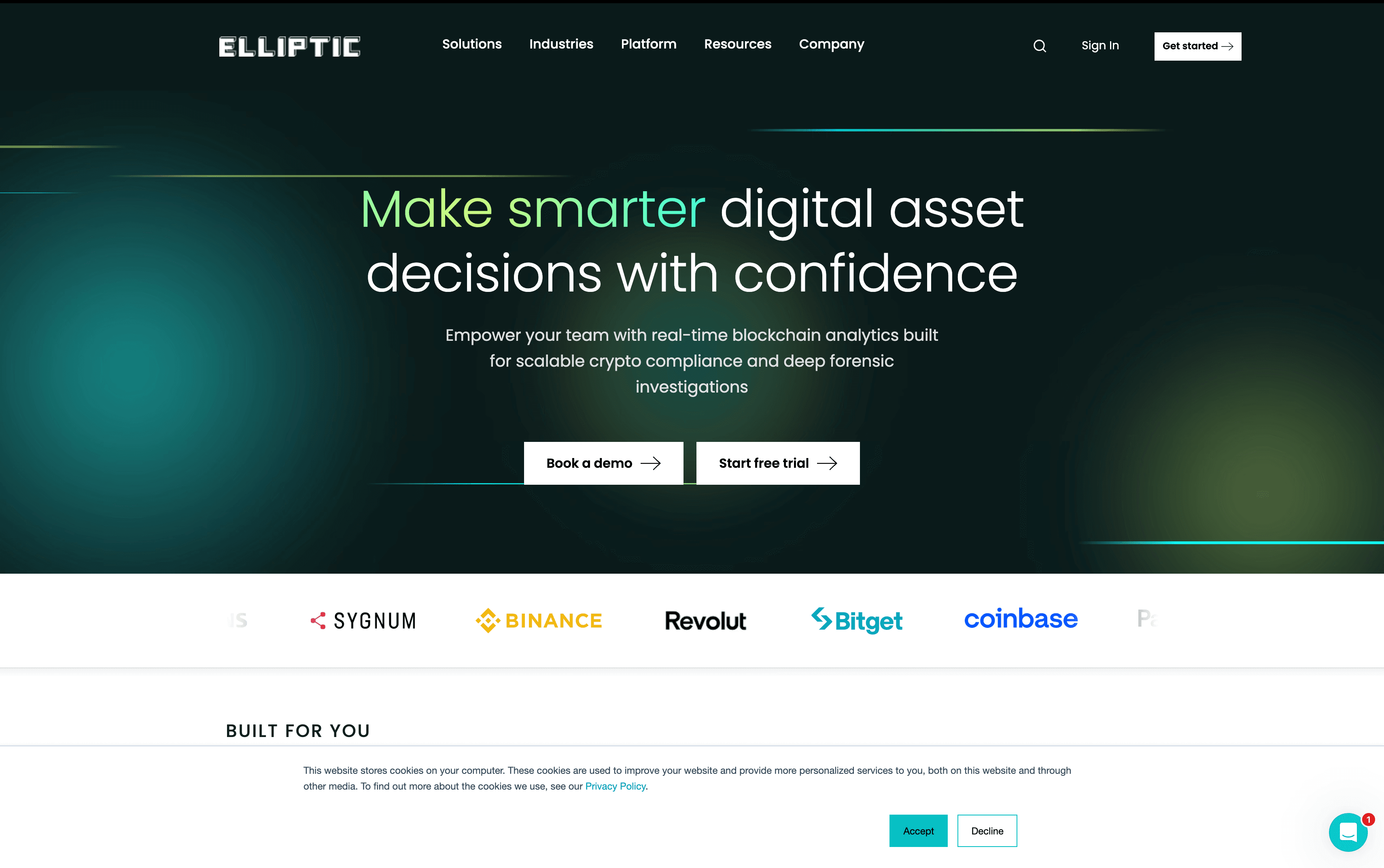 Elliptic crypto compliance and blockchain analytics platform homepage