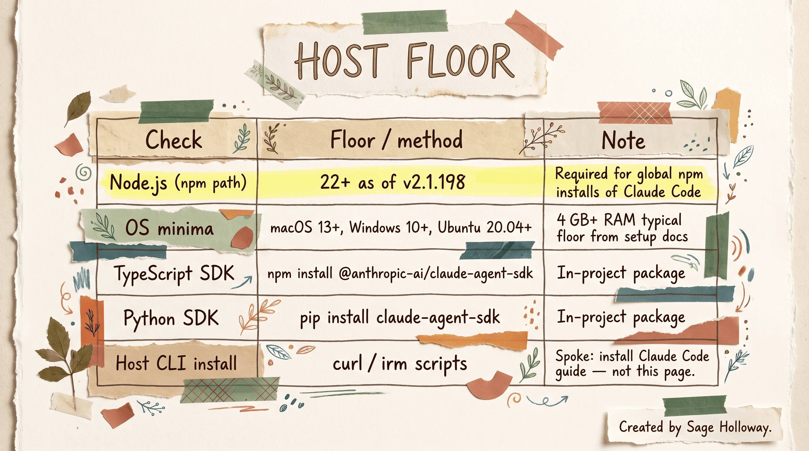 Table of Claude Code SDK Node.js and OS host requirements with TypeScript and Python install methods