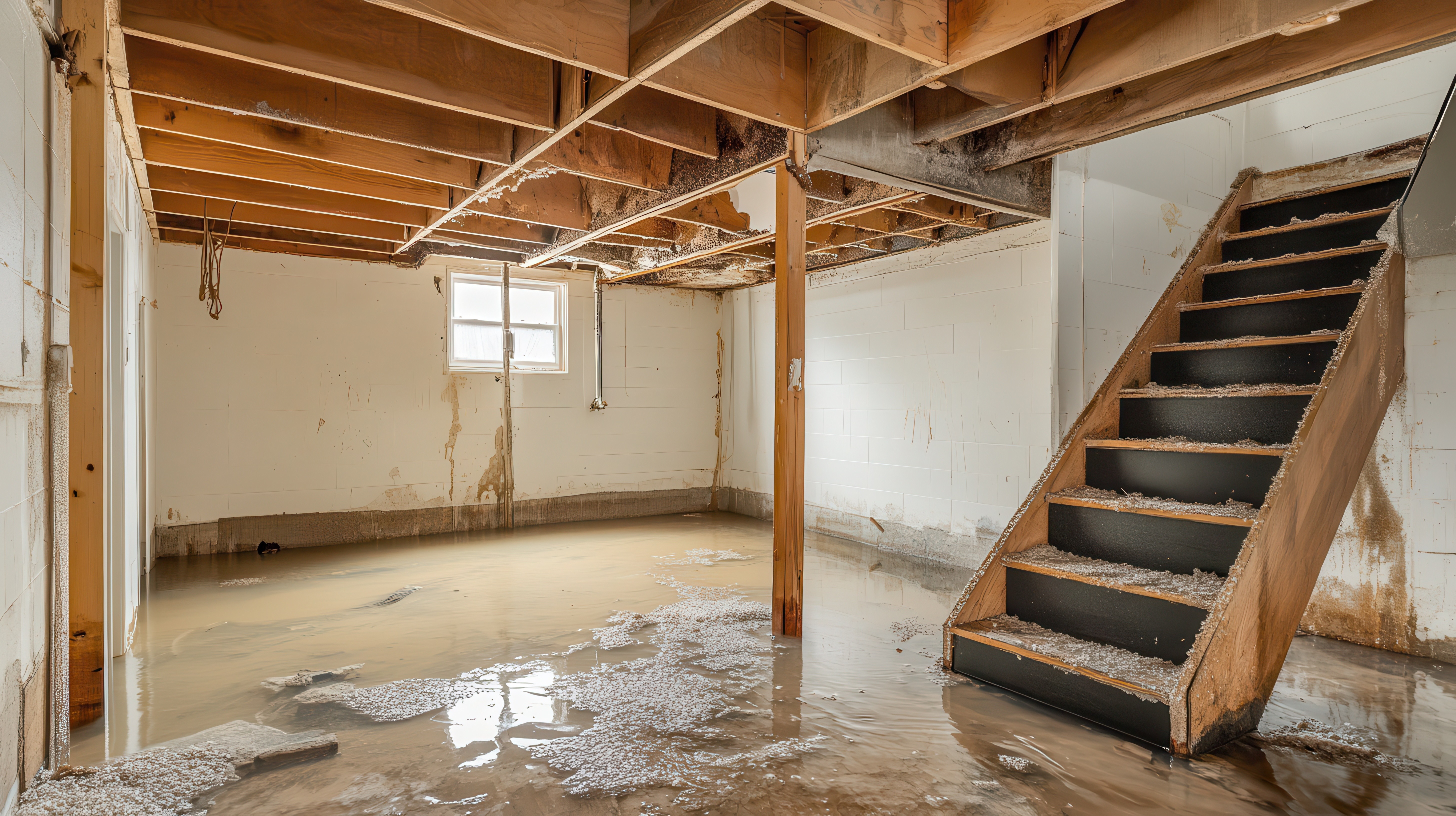 Flooded basement repair in St. Louis with standing water and water damage restoration equipment