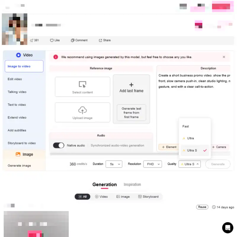 Paramètres vidéo d'APOB AI pour la durée, la résolution et la qualité avant la génération