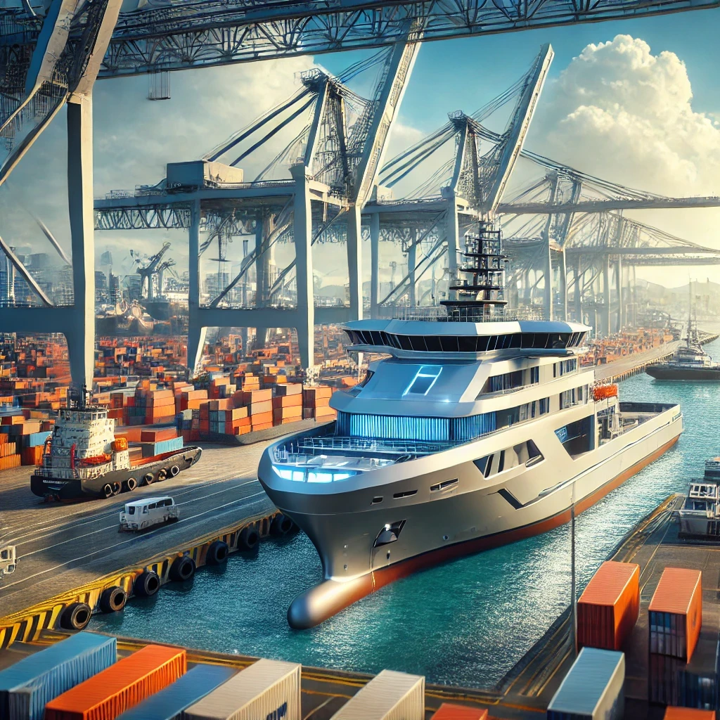 a  modern vessel docked at a vibrant international port under a bright sky. The scene highlights the dynamic connection between local maritime operations and global offshore opportunities, reflecting Seavium's role in bridging the gap.