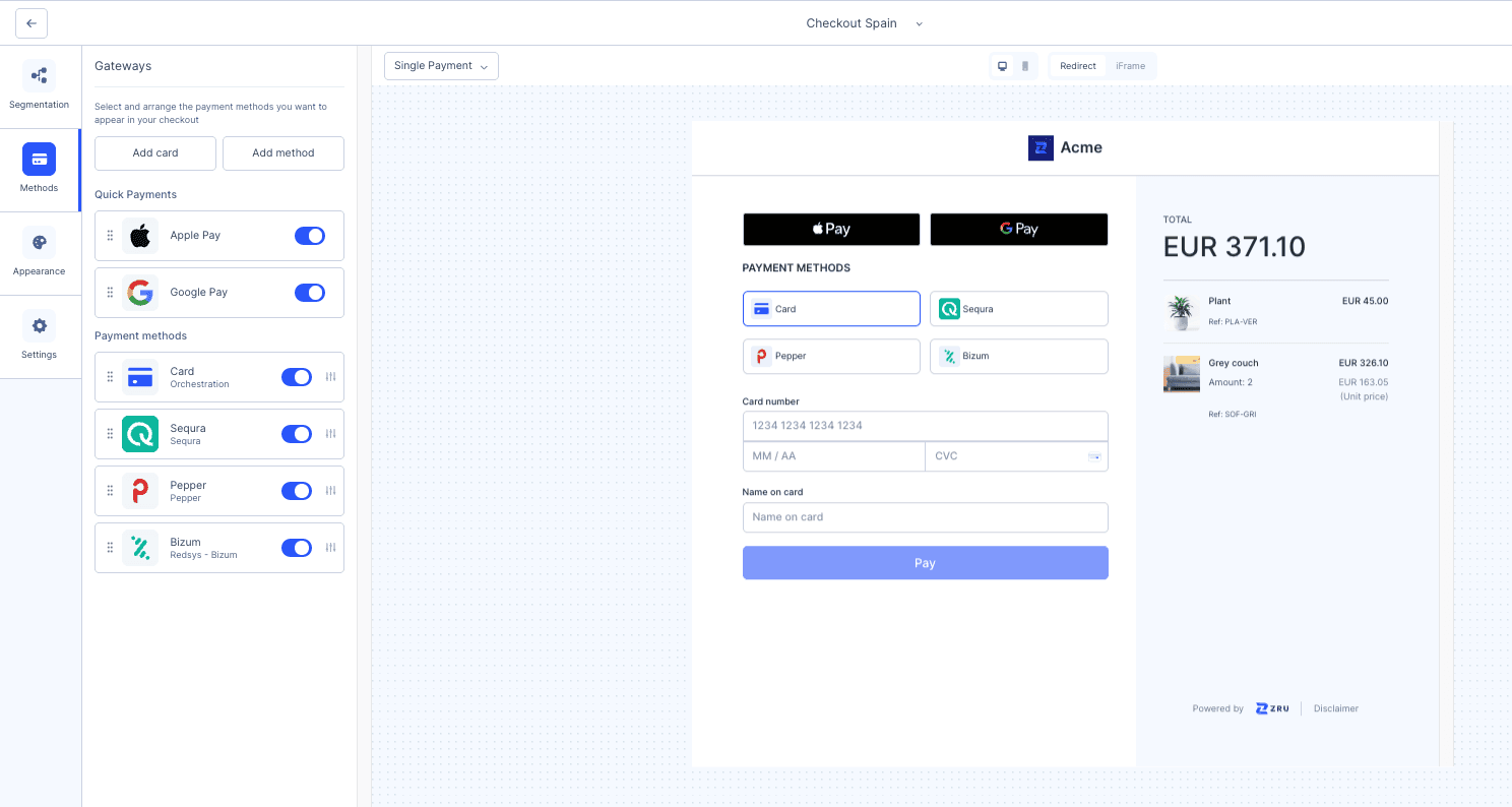 Panel de Zru con la configuración del checkout y los métodos de pago