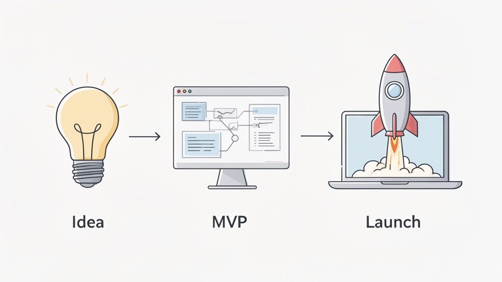Illustration depicting the three-step journey from an idea to MVP development and product launch.